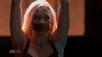 boundsilence:  Yvonne Strahovski has had several memorable damsel in distress scenes, but this scene from the Chuck episode “Chuck Versus The Helicopter” was the first time I ever saw her in such a predicament.  Though the bondage is fairly tame