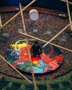 Fauzie Wiriadisastra under a bamboo dome at Sunaryo Art Space.