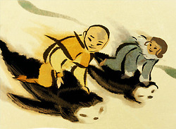 kataang1412:Three generations of penguin sledding!Aang and KataraBumi,