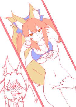 kuso-otoko: Tamamo no Mae doing that meme thing but she is clumsy