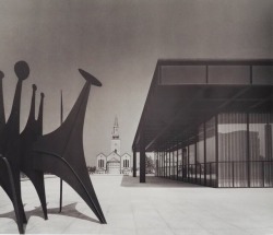 bauhaus-movement:MIES VAN DER ROHE, The New National Gallery, Berlin, 1968. Large painted steel sculpture Têtes et Queue (1965) by Alexander Calder. Photo © David Hirsch