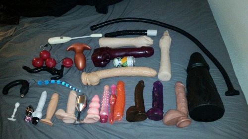 Here is the ass toy collection of my slave, “holes.” There is an aluminium can in the center for size comparison. holes was the slave who inspired my humiliation hypnosis audio file, “Anal Whore Hypno.” ~Goddess Lycia