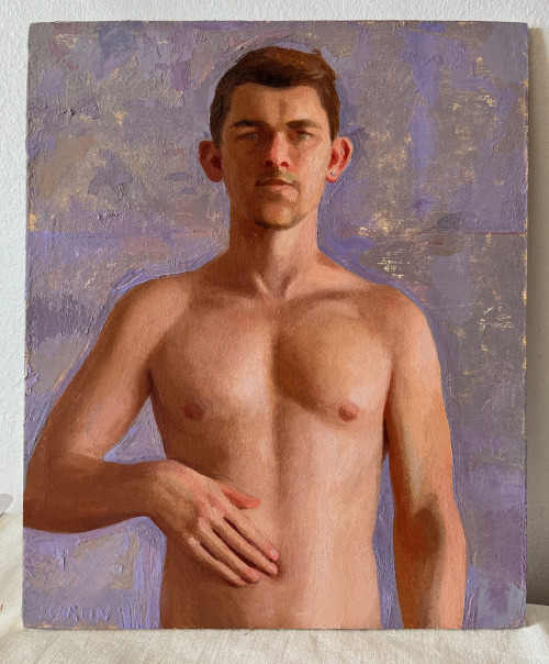 oliverscarlin:  Self portrait touching navel 2021oil on birch