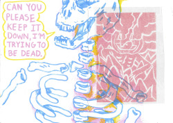 theskinnyartist: Sketchbook page ft. a skeleton and a pink test