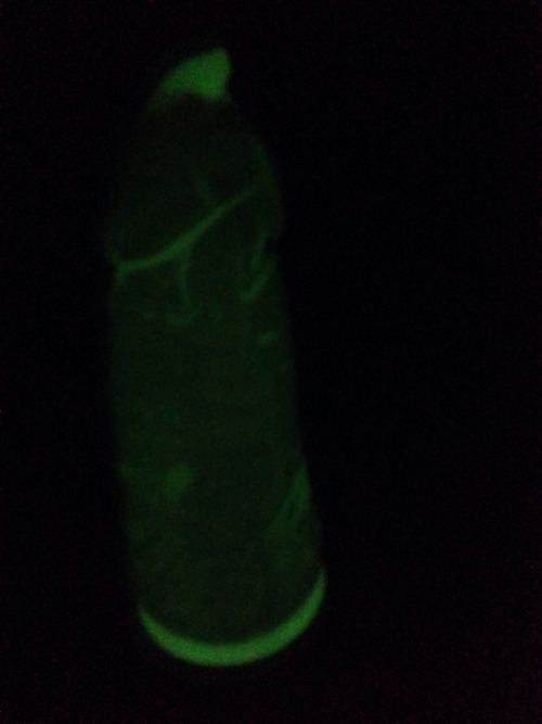 condomcockselfies:  Check out this glow in the dark condom. Terribly thick but it does work ;) 