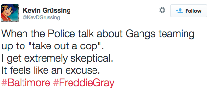 revolutionarykoolaid:  Today in Solidarity (4/28/15): For the past day, Baltimore police and the governor of Maryland have tried to shift blame for the unrest in Baltimore off of themselves and onto the gangs that have joined together in solidarity agains