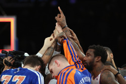 nba:   The New York Knicks celebrate an 83-78 victory over the