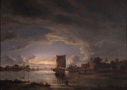 poboh:  Weids rivierlandschap met zeilboot, Jacob Abels.　Dutch