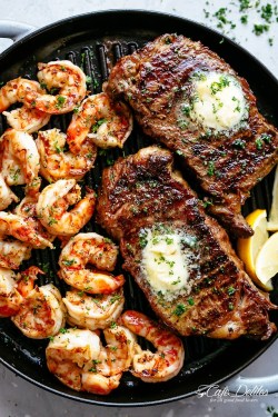 savorytoothgirl:    garlic butter grilled steak & shrimp