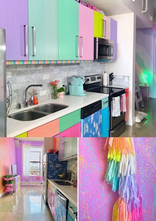 triplehamburgerjack:  culturenlifestyle:  Rainbow Colored Apartment Is Your Childhood Dream Amina Mucciolo, also known as Studio Mucci, is not shy or subtle when it comes to reflecting her personality through the interiors of her unicorn themed apartment.