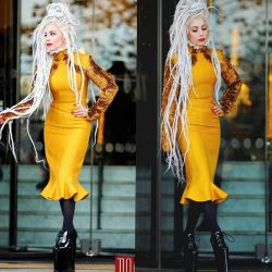 Dying over this look #ootd #ladygaga #yellowdress #whitehair