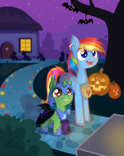 theponyartcollection:  Sisters trick-or-treating by Reporter-Derpy