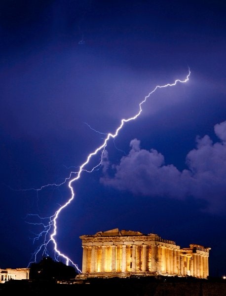 Try not to piss off any gods today, mmm’kay? (lightning strikes near the Parthenon, Athens, Greece)
