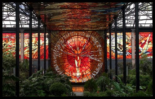 Invite the light  (Cosmovitral in Toluca, Mexico, is a botanical garden embellished with stained glass murals. Originally built 1910 as a market, which closed in 1975, Leopoldo Flores subsequently convinced the city government to convert it into an art