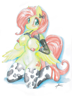 Fluttershy & cow stocking!Water color is so hard!!! ; ; I