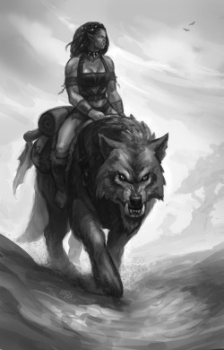 eepoxdraws:  Manata riding her wolf Loska.   Loska is a rather