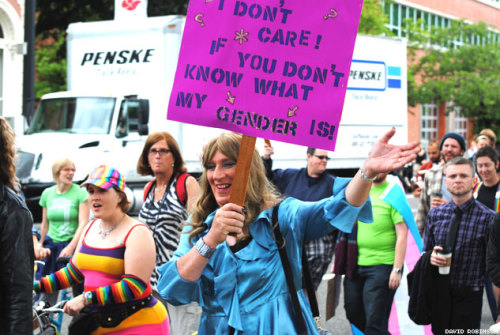 lgbtqblogs:  Portland’s First Official Trans Pride March  And I actually prefer that you don’t know what my gender is. Not that it isn’t important; having no definitive gender is extremely important to me. The sum of my parts does equal