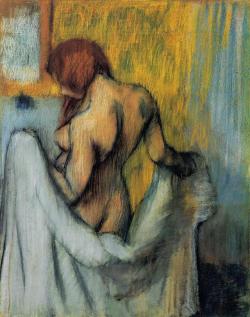 artist-degas:  Woman with a Towel, Edgar Degas Medium: pastelhttps://www.wikiart.org/en/edgar-degas/woman-with-a-towel-1898