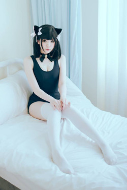 httpkitsune:  Cute kitty ears with choker + faux thigh-highs