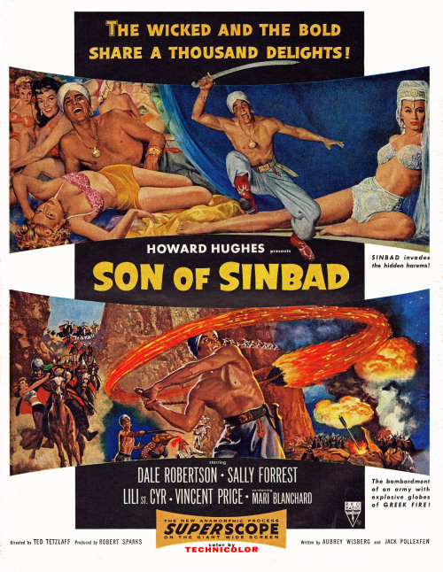 dtxmcclain:  Film poster for Howard Hughes’ 1955 movie: ‘Son Of Sinbad’, which featured Lili St. Cyr in a starring role.. As well as cameos with popular Burlesque dancers: Nejla Ates and Kalantan.. 
