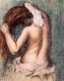 artist-degas:  Woman Drying Herself, Edgar DegasMedium: pastelhttps://www.wikiart.org/en/edgar-degas/woman-drying-herself-3