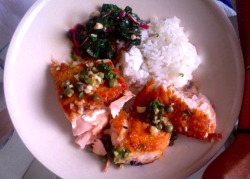 Just made Salmon w/ rainbow chard and white rice. Trying to eat