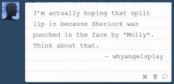 Oh man&hellip; Sherlock getting punched by Molly would be HILARIOUS. And probably even more deserved than a punch from John. I highly doubt that&rsquo;s it though. One, it would be uncharacteristic of Molly, and two, I&rsquo;ll be very surprised if it