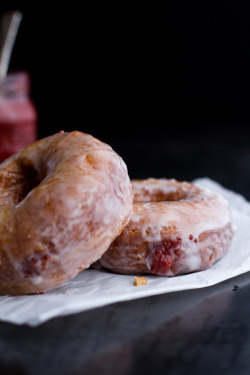 sweetoothgirl:Glazed Peanut Butter and Jelly Doughnuts with Strawberry-Rhubarb