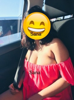 sananri:  Showing some breast and cleavage to friend for photo.Remember