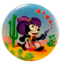 4colorcowboy: Metal button with Felix the Cat in cowboy garb,