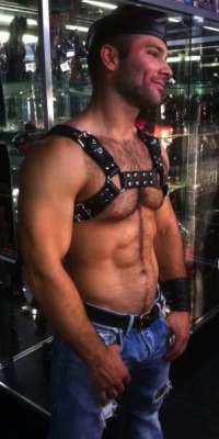 kyrbrlvr:  supervillainl:  Sexy hairy in his harness.  Damn…..