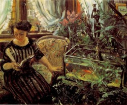 chancegallery:Lovis Corinth. Woman reading near goldfish tank.