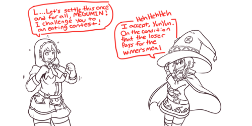 magicstraw: Konosuba - Weighty Rivalry (WIP) Had some time to burn before watching GOT tonight, so I did a quick Konosuba 2-parter.  Hopefully I can get to coloring this soon. 