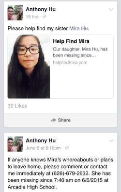 jade-ellsworth:  letsbefans:  http://www.huffingtonpost.com/2015/06/08/mira-hu-missing_n_7537354.htmlhttp://www.latimes.com/local/lanow/la-me-ln-arcadia-missing-20150607-story.htmlHi