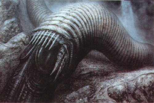 70sscifiart:  HR Giger’s sandworm concept art, created for