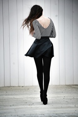 fashion-tights:  Striped shirt and black skirt with tights and