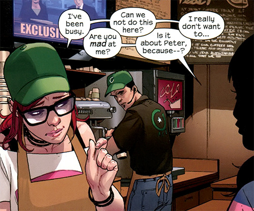 americachavez:   Ultimate Spider-Man 21  HEY SO REMEMBER THAT TIME WHEN GWEN AND MJ WERE BASICALLY IN A CANON COFFEE SHOP AU 