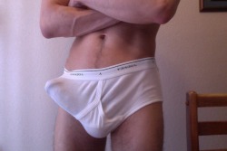 undie-fan-99:  At full mast in his white Jockey briefs