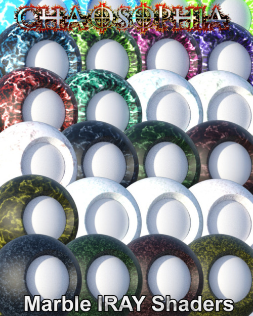  30 unique marble shaders for use in Daz Studio 4.8  and created by Chaosophia!Perfect for just about any 3d object like counter tops, figurines,  weapons, jewelry, statues, and of course, marbles. This set is comprised  of 30 material shaders with fine