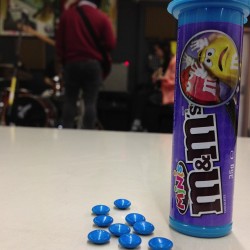 Chowing down on some M&M’s minis while I listen to