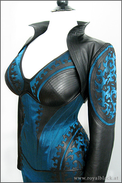 opulentdesigns:  Ensemble “Blue Blood” Historically inspired couture ensemble, made from soft black leather and intense blue lamé.This outfit consists of an S curve underbust corset, matching bra, a fishtail skirt and leather bolero jacket.All items