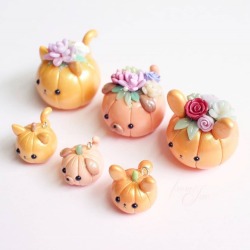 sosuperawesome:  Pumpkitty, Pugkin and Bunkin Figurines and Charms