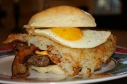 everybody-loves-to-eat:  Breakfast burger. 