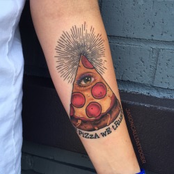 fuckyeahtattoos:  ‘In pizza we trust’ Done by Jason Call