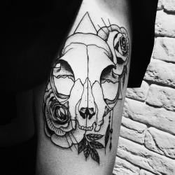 1337tattoos:  Cat skull by DMT TATTOO  submitted by http://crookyd.tumblr.com
