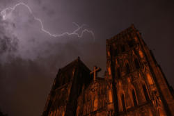 Lighting strikes over Saint Joseph cathedral during a storm in