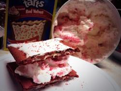 cakeandweights:  Peppermint ice cream and red velvet poptarts.