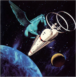 70sscifiart:Pegasus in space, from Vincent Di Fate