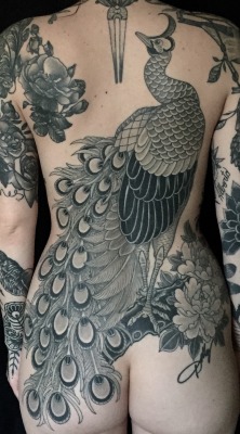 tattoome:  japanese bacpeace peacock done by Alberto Balboa .