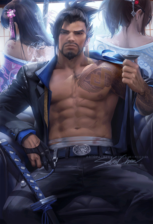 sakimichan:   My take on Hanzo in a suit :3 going for yakuza vibe with mei and dva in background <3 nudie,PSD 3-4k HD jpg,steps, etc>https://www.patreon.com/posts/16591234    